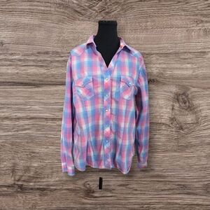 Rough Stock Women's Pink And Blue Plaid Shirt With Pearl Snap Buttons Size L
